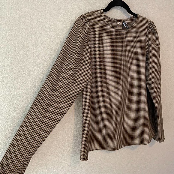 MNG Puff Shoulder Brown Black Houndstooth Shirt Long Sleeve Button Back Blouse 6 - Picture 4 of 8